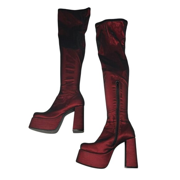 Red Satin Thigh-High Platform Boots By Current Mood Womens Size 9M Side Zipper - Picture 3 of 16